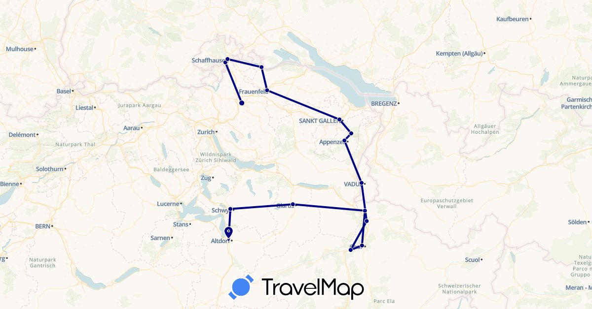 TravelMap itinerary: driving in Switzerland, Liechtenstein (Europe)